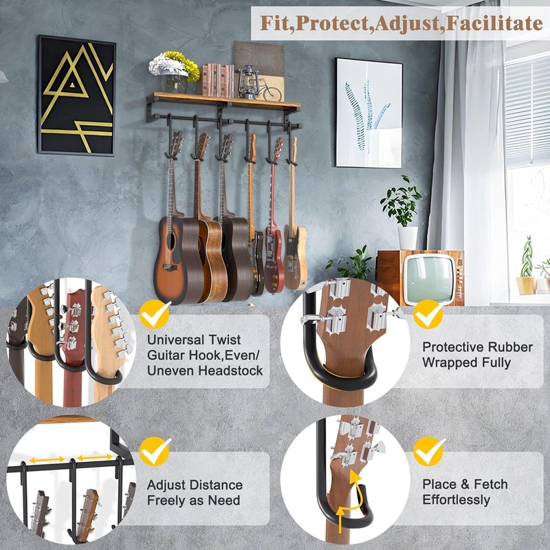 Keebofly Guitar Wall Mount Hangers Holds 6 Guitars with Rustic Shelf - 6-Detachable Guitar Hooks Universal Fit for Acoustic, Electric, Bass Guitars & Ukulele (Brown) - Image 5